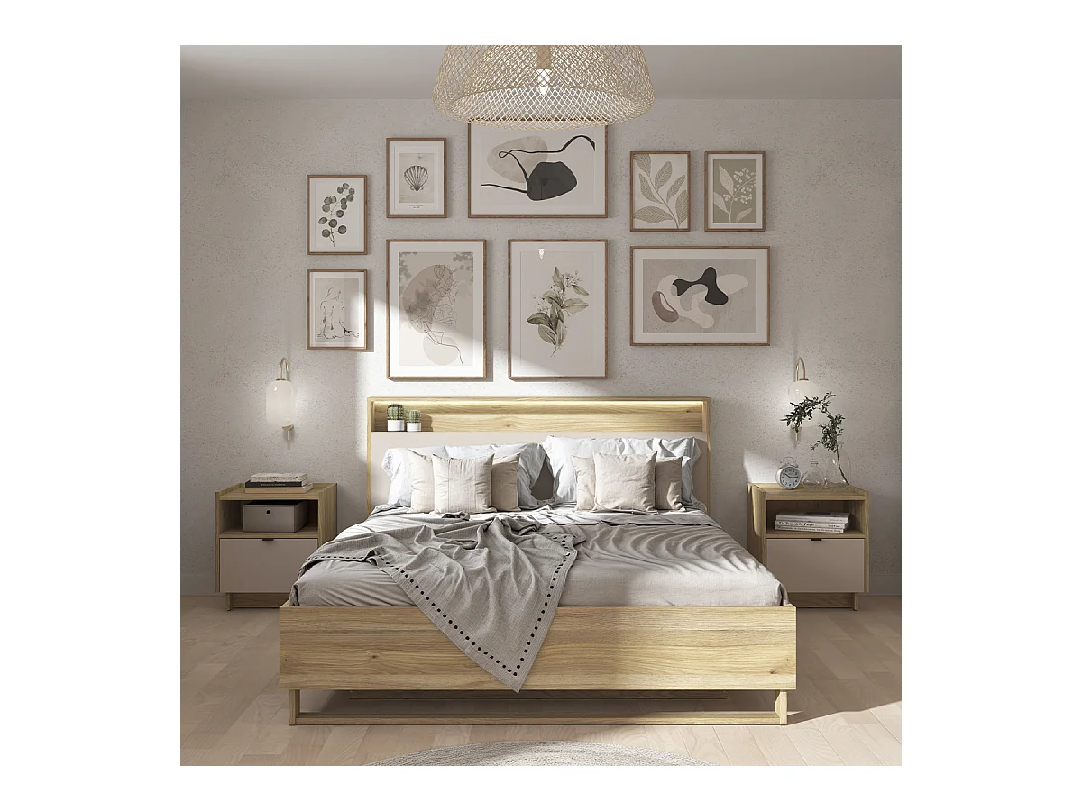 Lit coffre 160x200 sommier LED et prise USB inclus Donna Cachemire et Bois