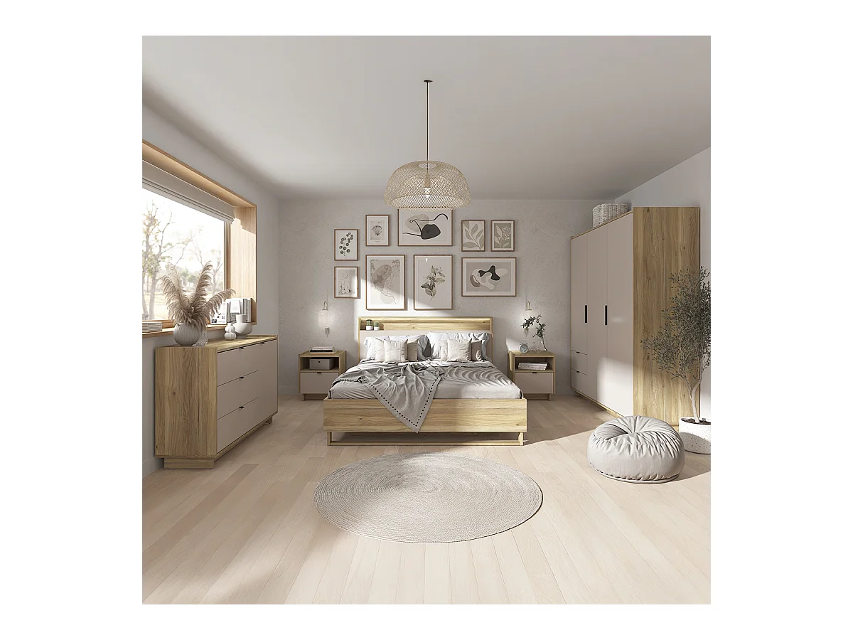 Lit coffre 160x200 sommier LED et prise USB inclus Donna Cachemire et Bois