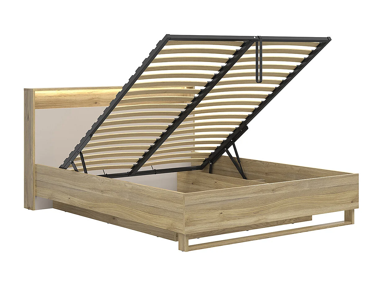 Lit coffre 160x200 sommier LED et prise USB inclus Donna Cachemire et Bois