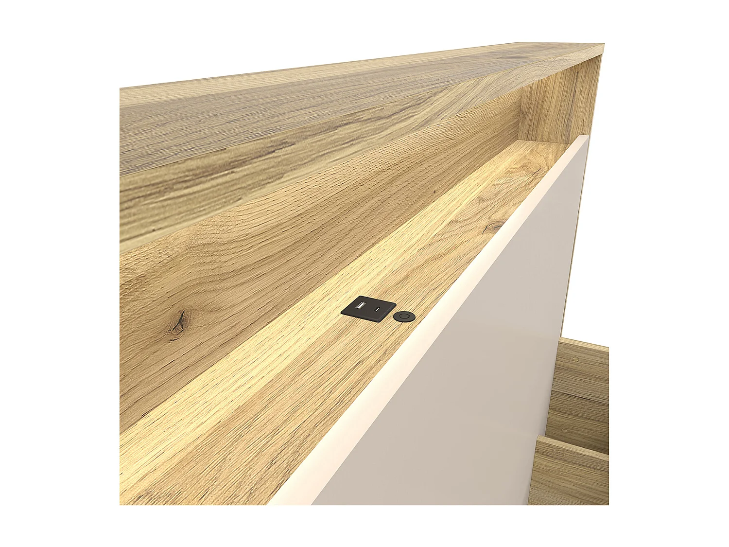 Lit coffre 160x200 sommier LED et prise USB inclus Donna Cachemire et Bois