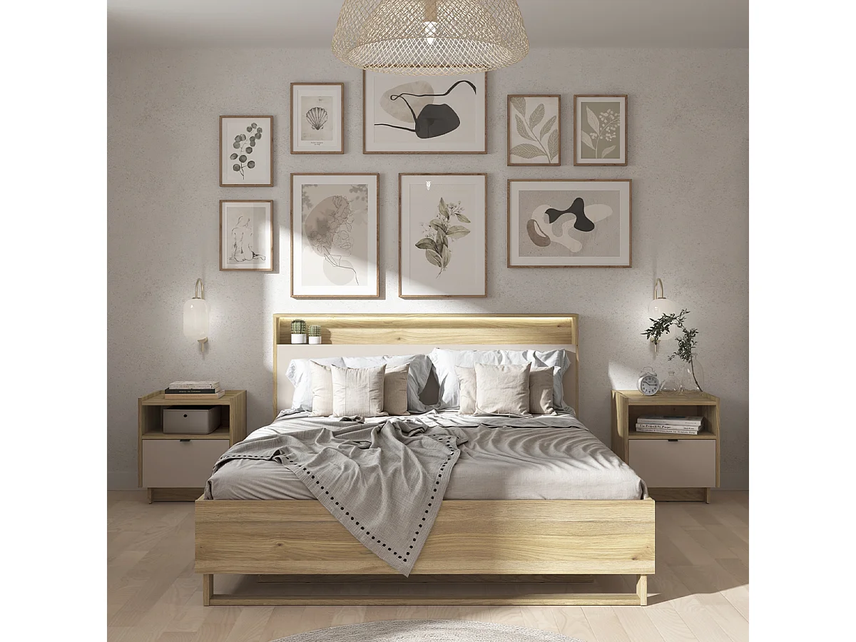 Lit coffre 160x200 sommier LED et prise USB inclus Donna Cachemire et Bois