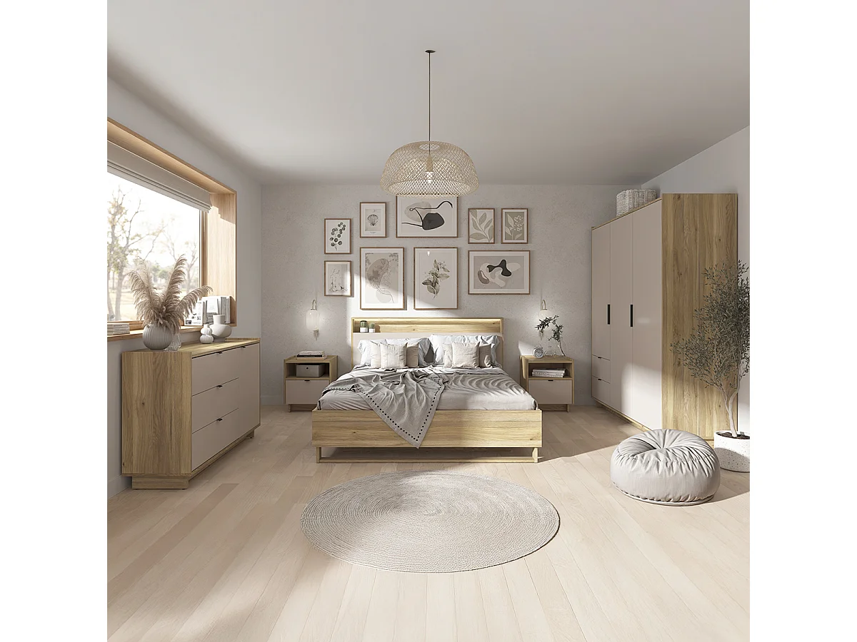 Lit coffre 160x200 sommier LED et prise USB inclus Donna Cachemire et Bois