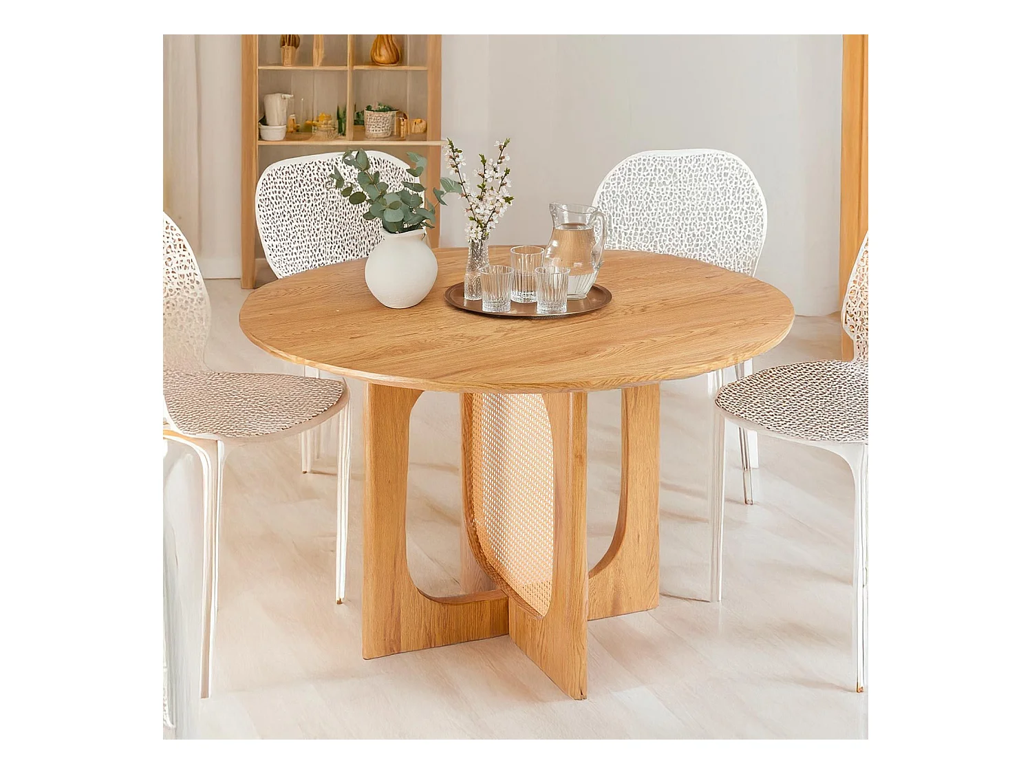 Table ronde avec cannage D120cm Bohemia Chêne clair et Rotin