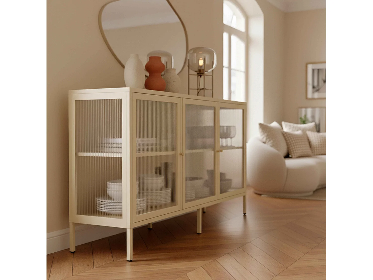 Moderne buffetkast met 3 deuren, L 140 cm, ecru metaal