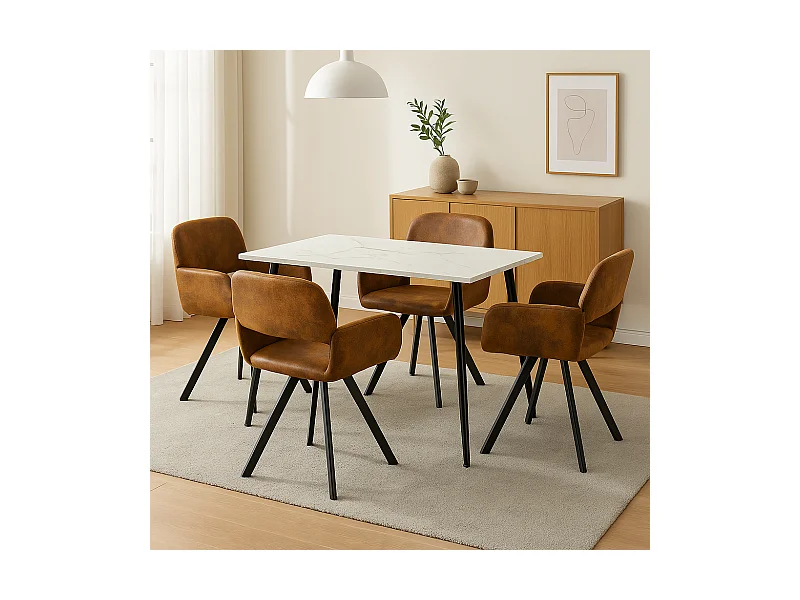 URBAN MEUBLE Ensemble table effet marbre blanc et 4 chaises pivotantes suède brun