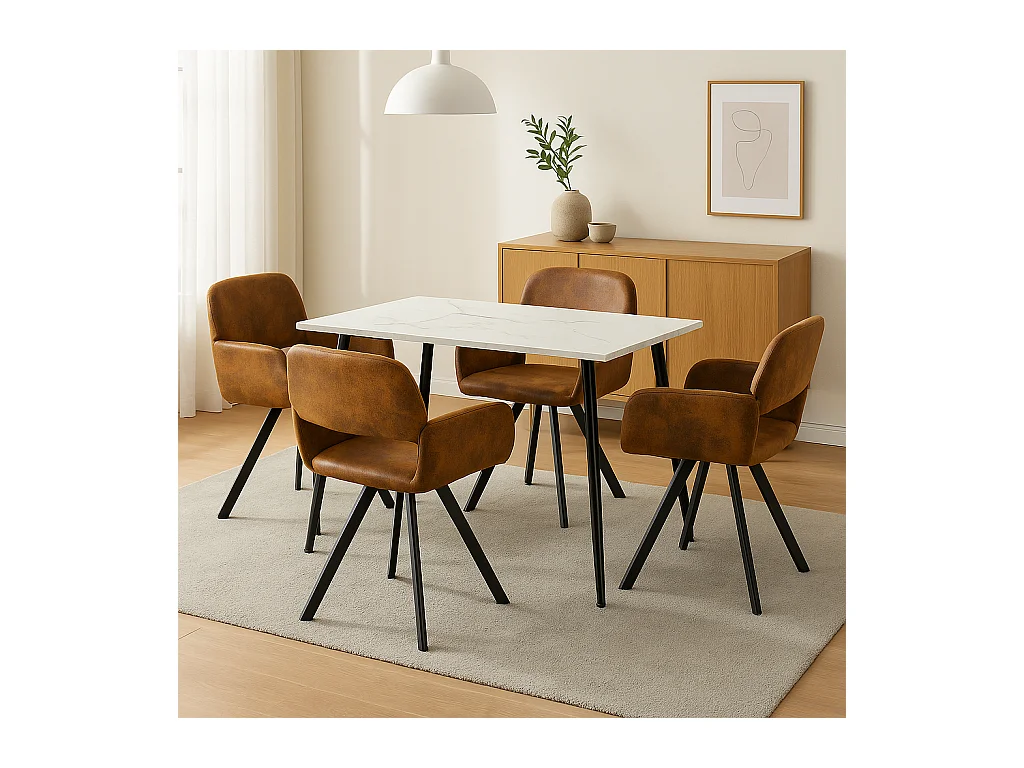 URBAN MEUBLE Ensemble table effet marbre blanc et 4 chaises pivotantes suède brun