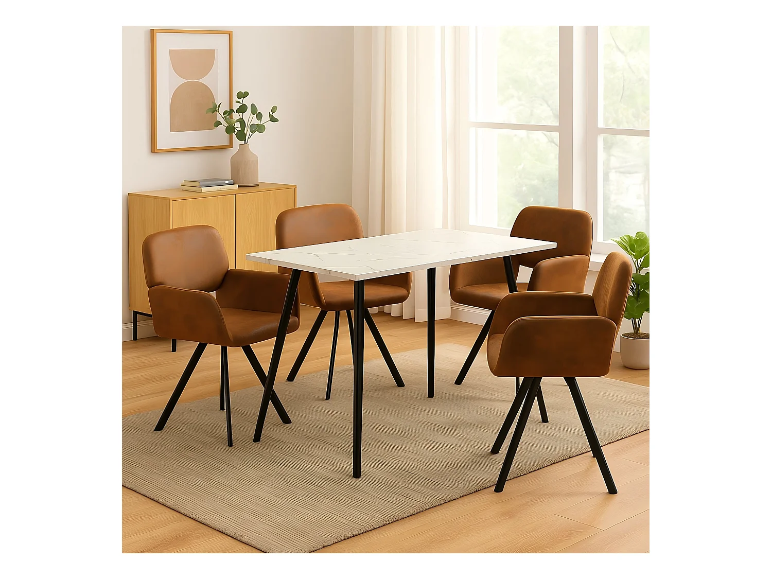 URBAN MEUBLE Ensemble table effet marbre blanc et 4 chaises pivotantes suède brun