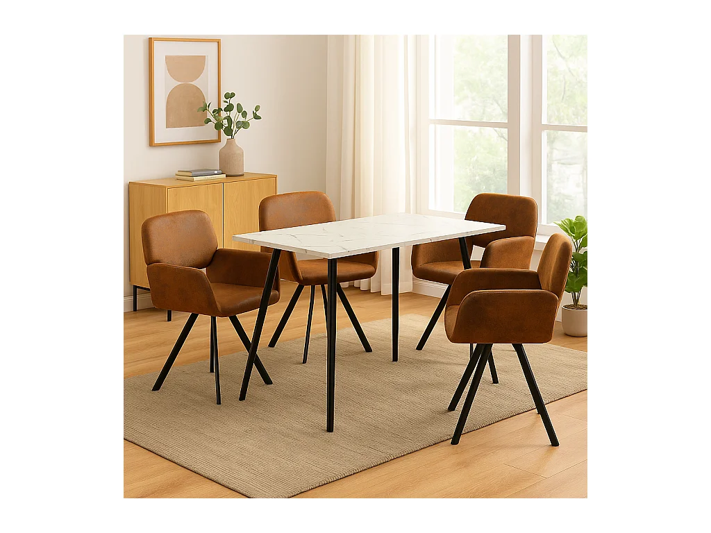 URBAN MEUBLE Ensemble table effet marbre blanc et 4 chaises pivotantes suède brun