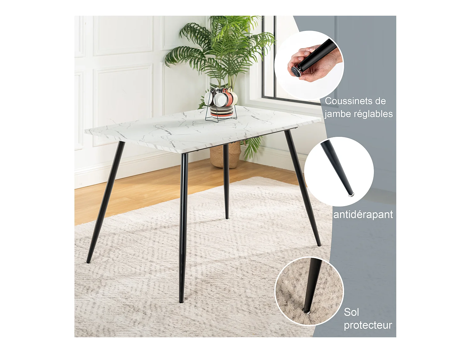 URBAN MEUBLE Ensemble table effet marbre blanc et 4 chaises pivotantes suède brun