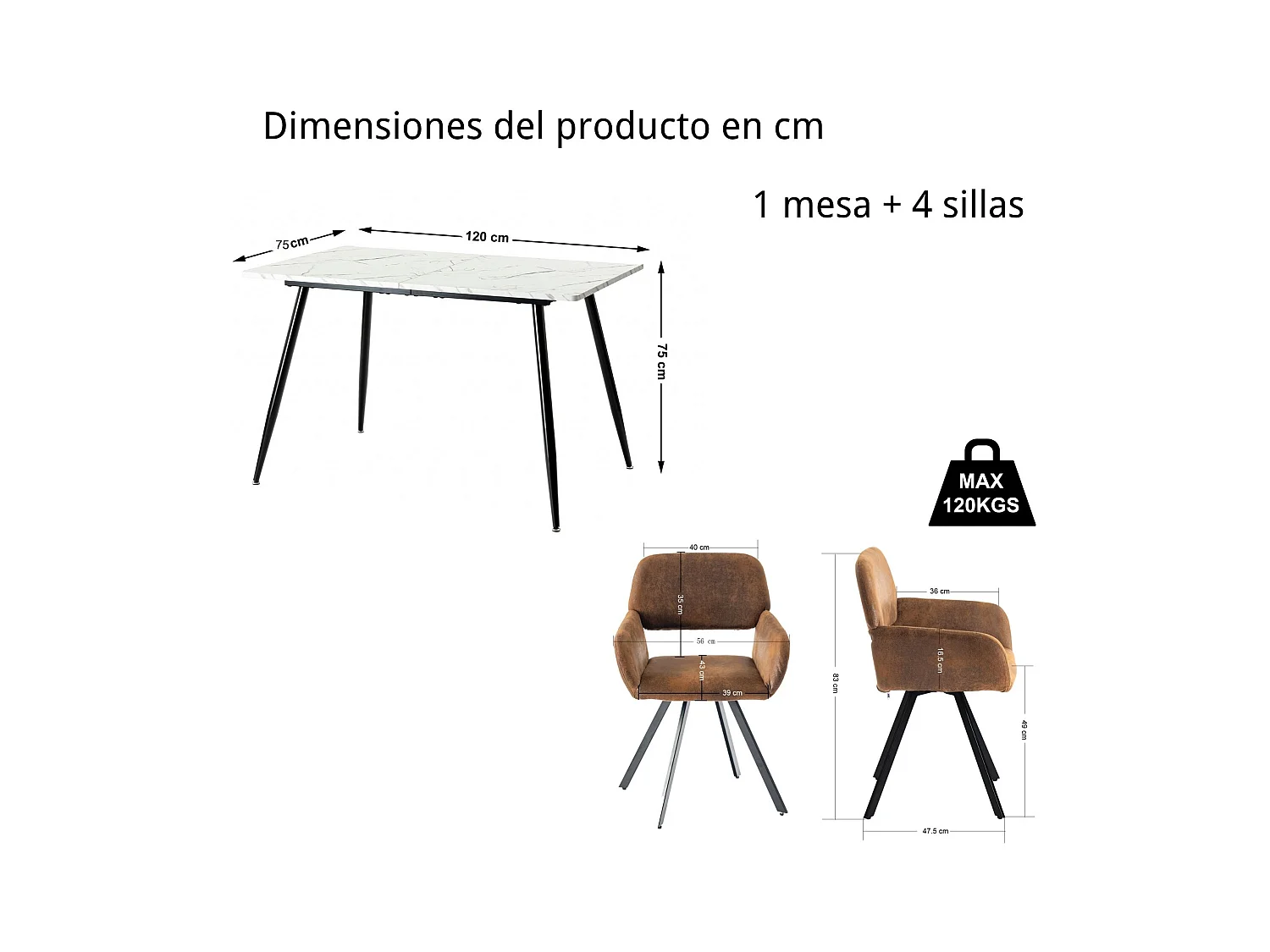 URBAN MEUBLE Ensemble table effet marbre blanc et 4 chaises pivotantes suède brun