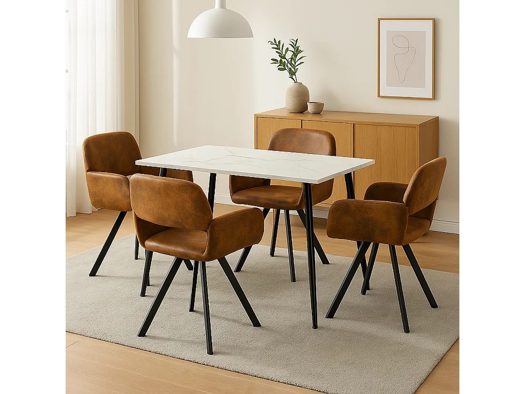 URBAN MEUBLE Ensemble table effet marbre blanc et 4 chaises pivotantes suède brun