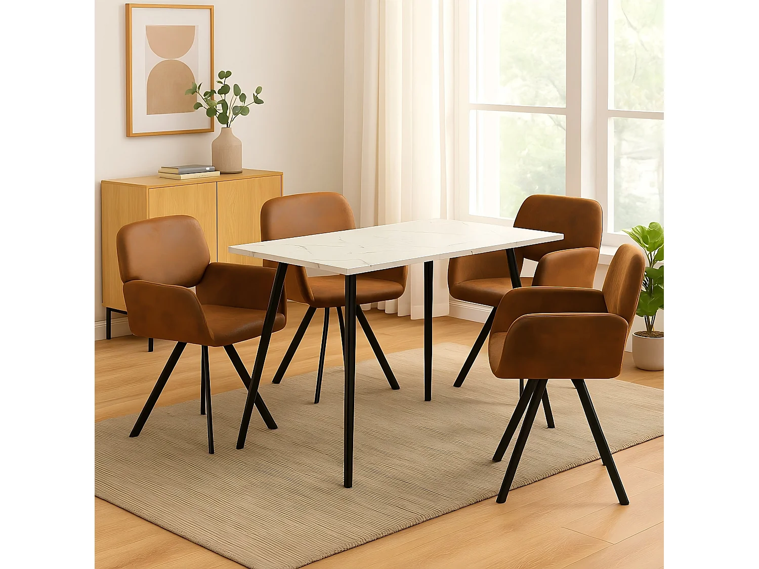 URBAN MEUBLE Ensemble table effet marbre blanc et 4 chaises pivotantes suède brun