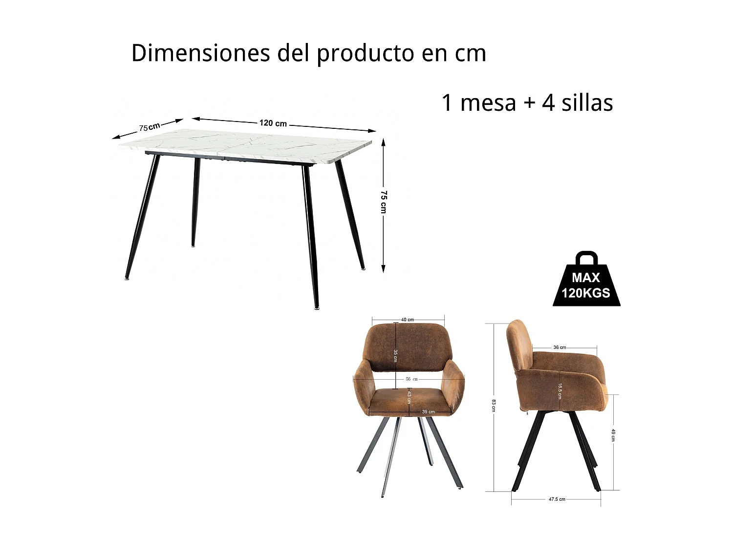 URBAN MEUBLE Ensemble table effet marbre blanc et 4 chaises pivotantes suède brun
