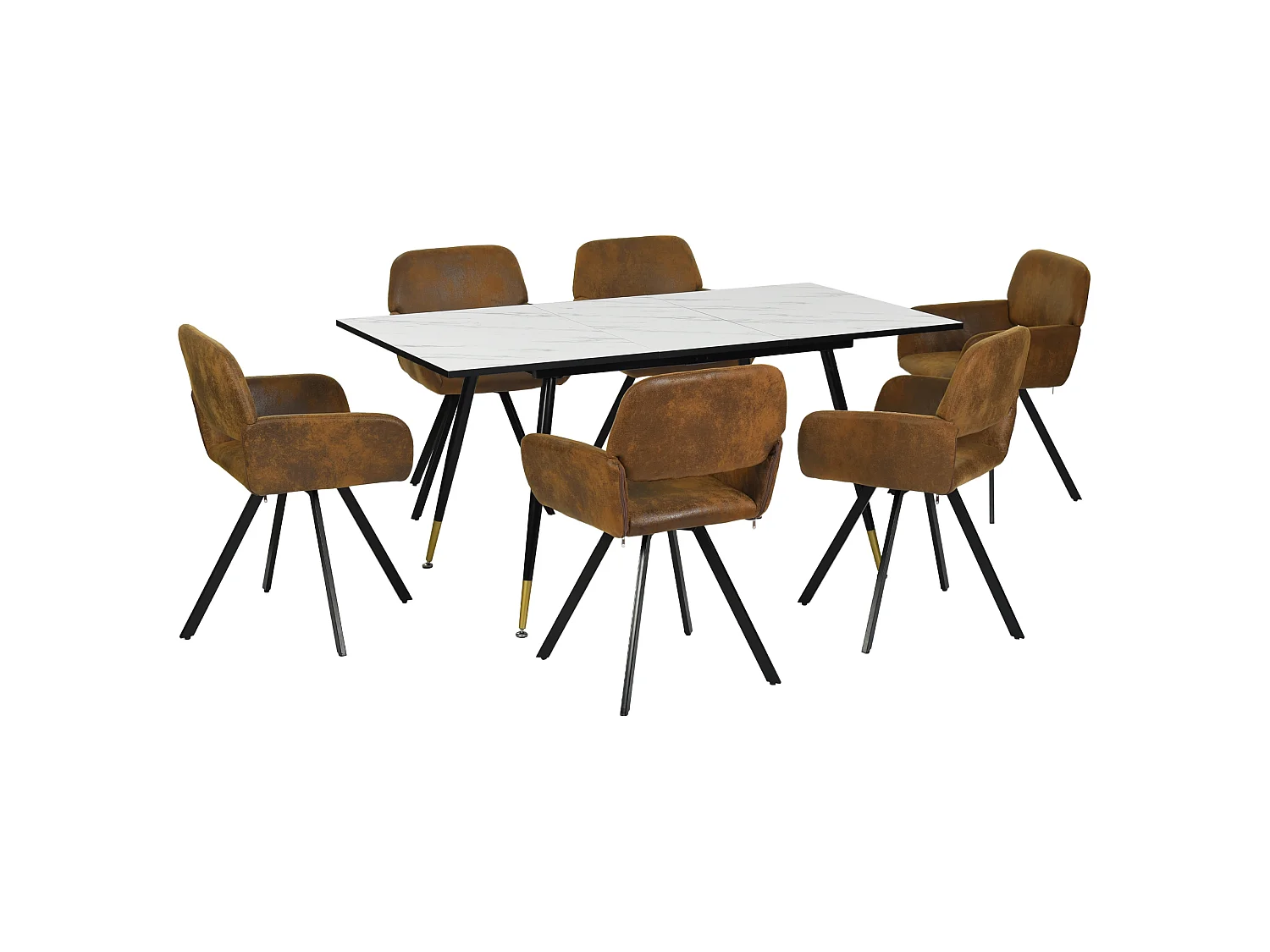URBAN MEUBLE Ensemble table effet marbre blanc et 4 chaises pivotantes suède brun