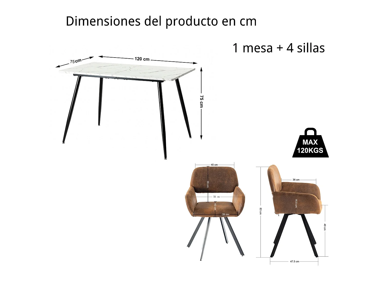 URBAN MEUBLE Ensemble table effet marbre blanc et 4 chaises pivotantes suède brun