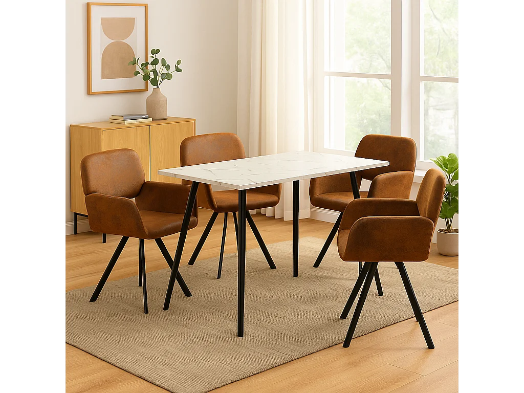URBAN MEUBLE Ensemble table effet marbre blanc et 4 chaises pivotantes suède brun