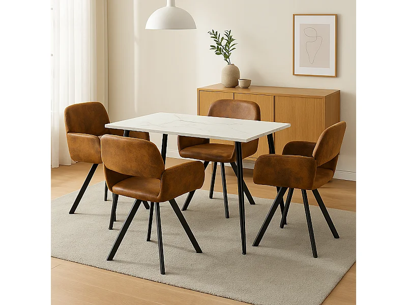 URBAN MEUBLE Ensemble table effet marbre blanc et 4 chaises pivotantes suède brun