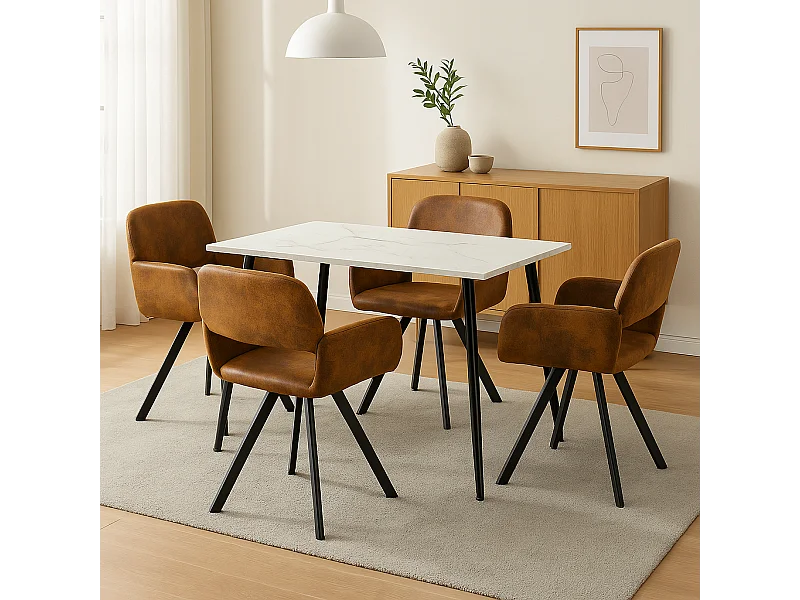 URBAN MEUBLE Ensemble table effet marbre blanc et 4 chaises pivotantes suède brun