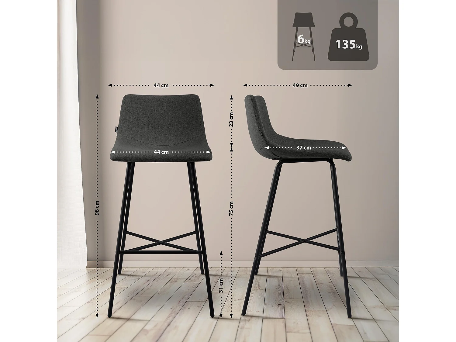 Tabouret de bar - Tissu - Gris foncé - Altona