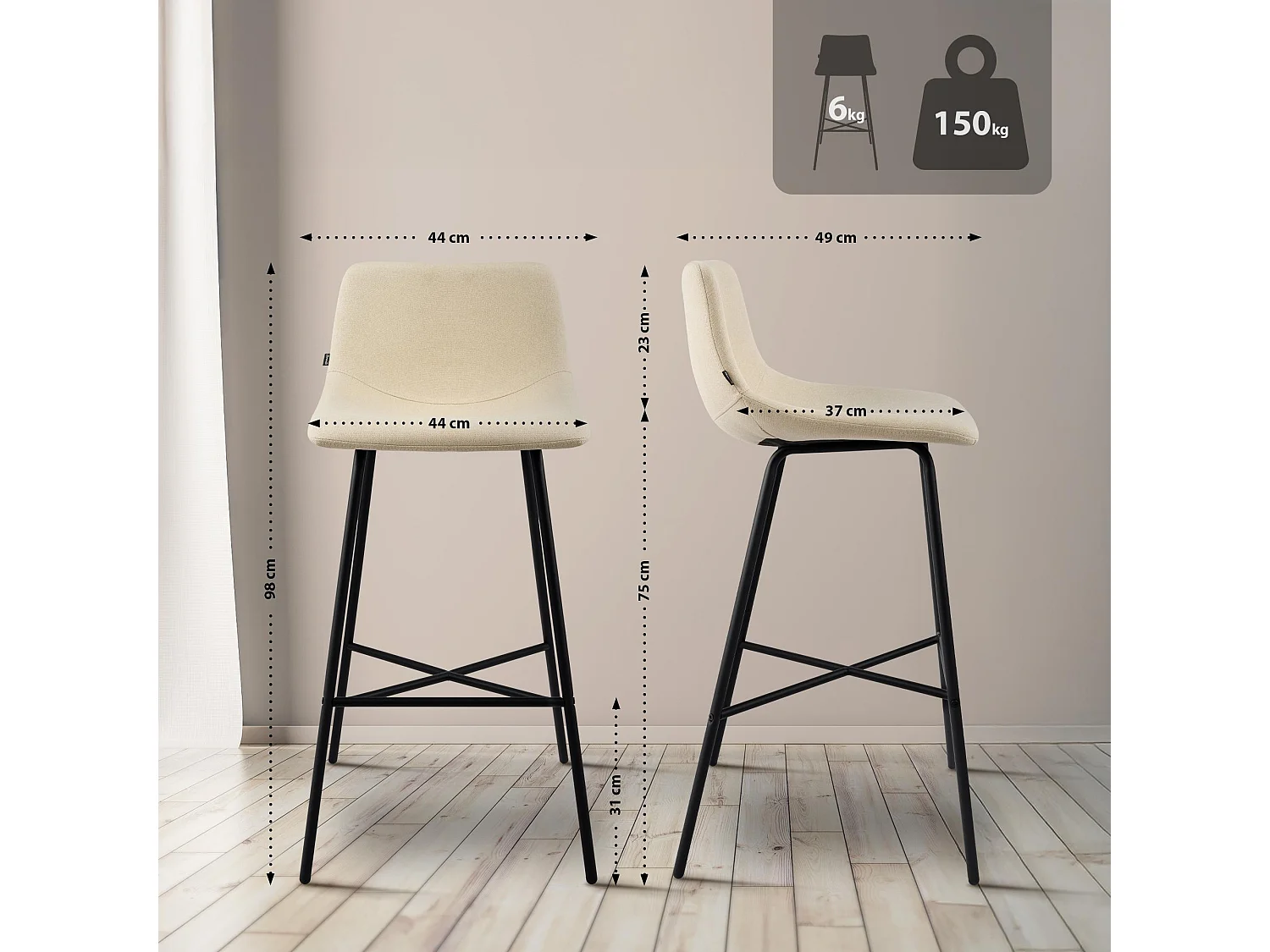 Tabouret de bar - Tissu - Crème - Altona