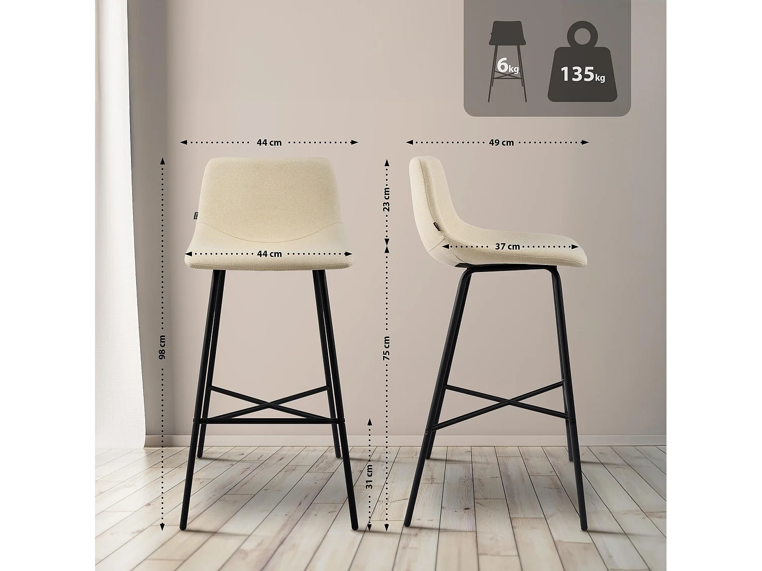 Tabouret de bar - Tissu - Crème - Altona