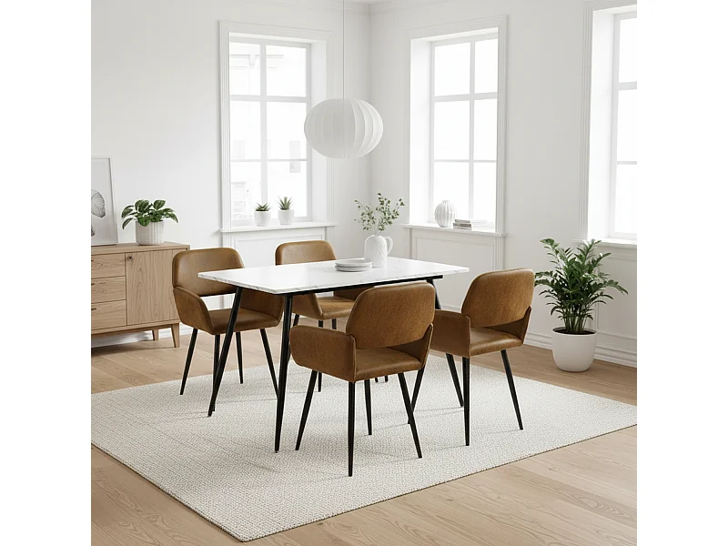 URBAN MEUBLE Ensemble table effet marbre blanc et 4 chaises suède brun