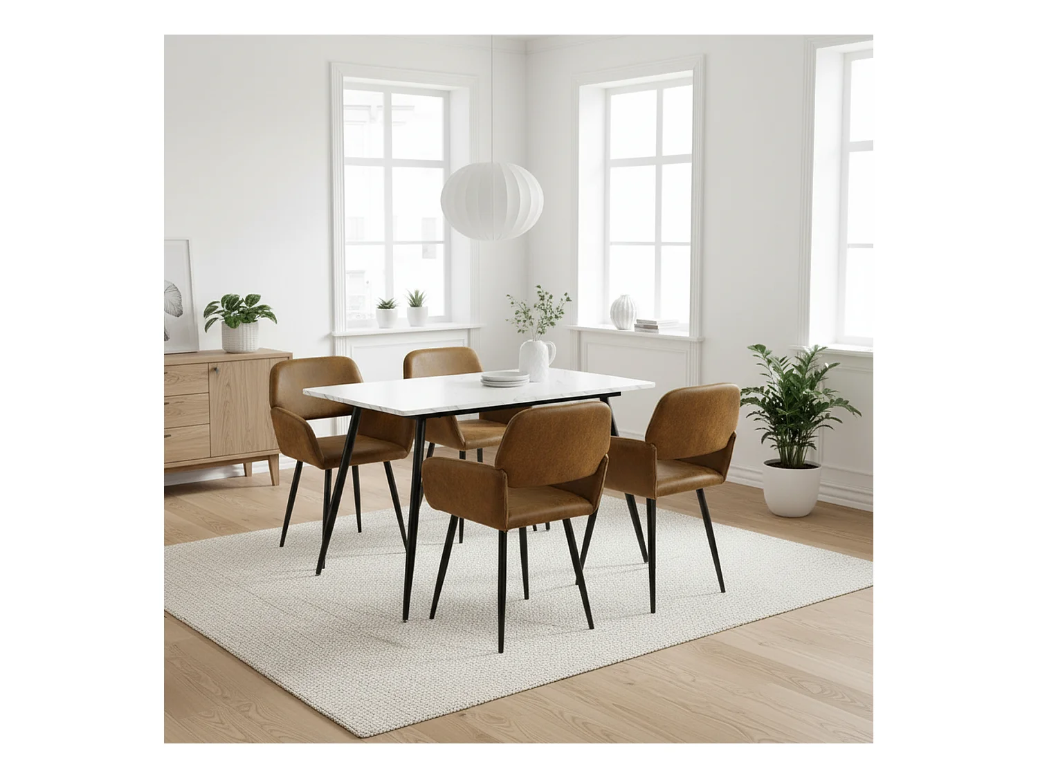 URBAN MEUBLE Ensemble table effet marbre blanc et 4 chaises suède brun