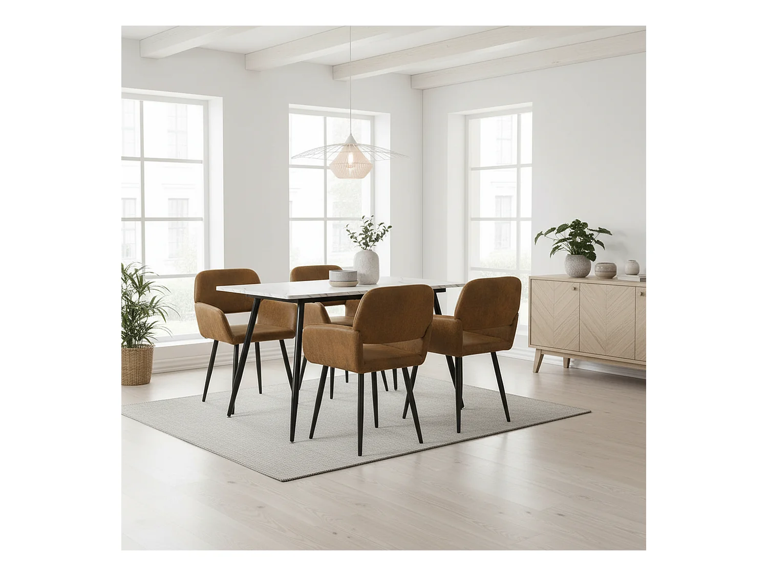 URBAN MEUBLE Ensemble table effet marbre blanc et 4 chaises suède brun