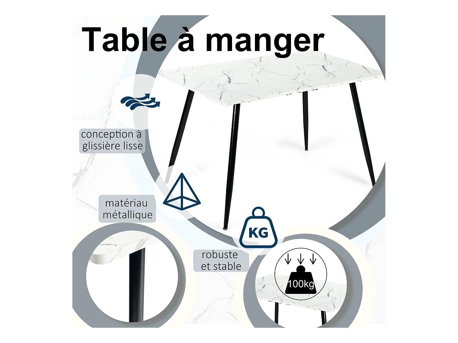 URBAN MEUBLE Ensemble table effet marbre blanc et 4 chaises suède brun