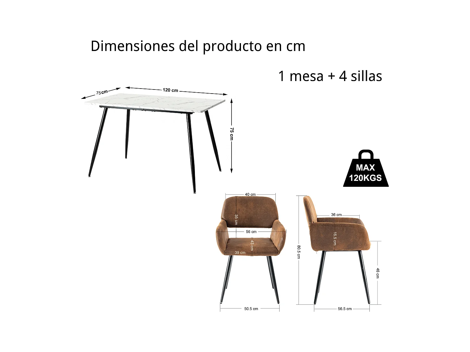 URBAN MEUBLE Ensemble table effet marbre blanc et 4 chaises suède brun
