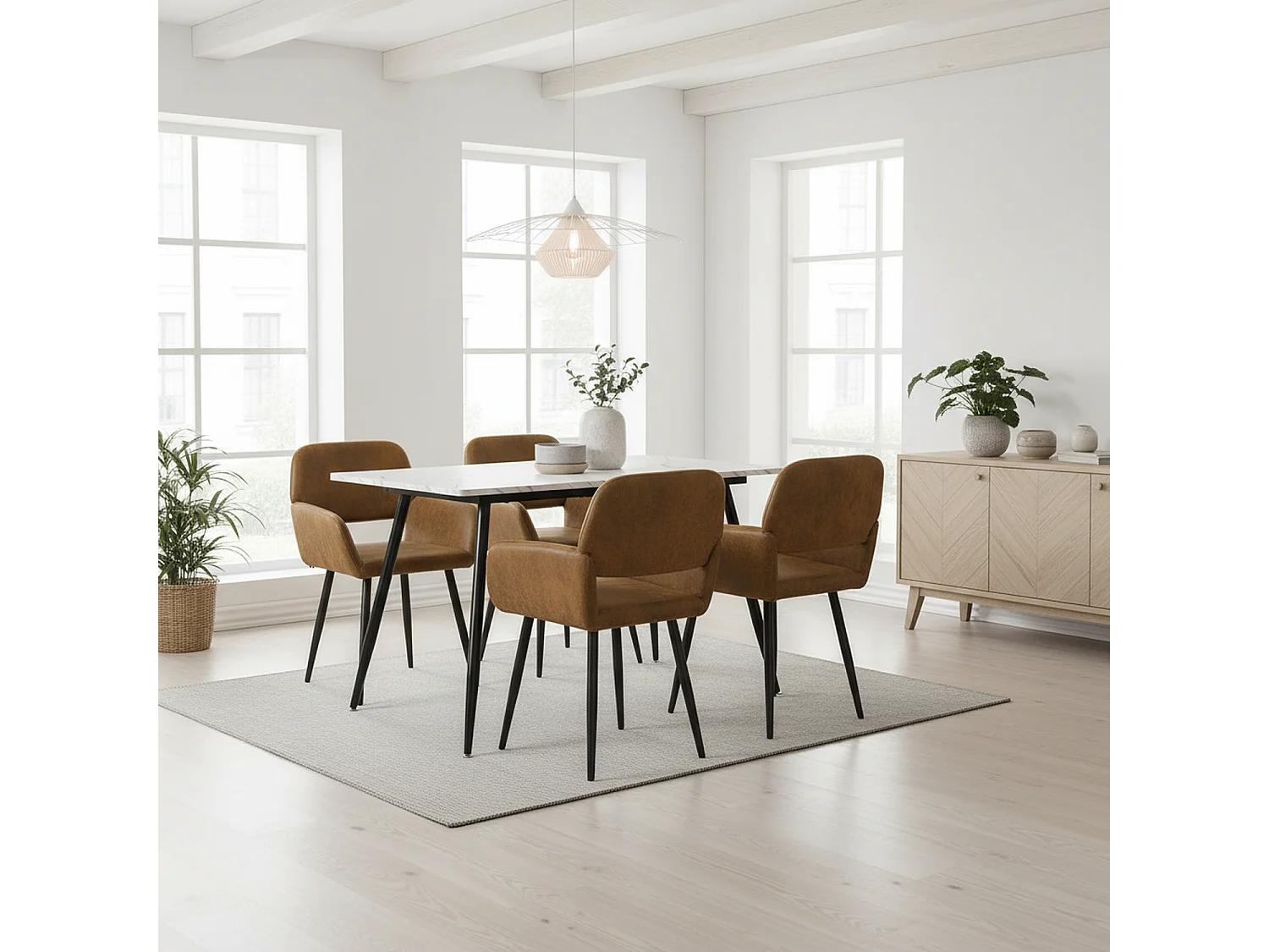 URBAN MEUBLE Ensemble table effet marbre blanc et 4 chaises suède brun