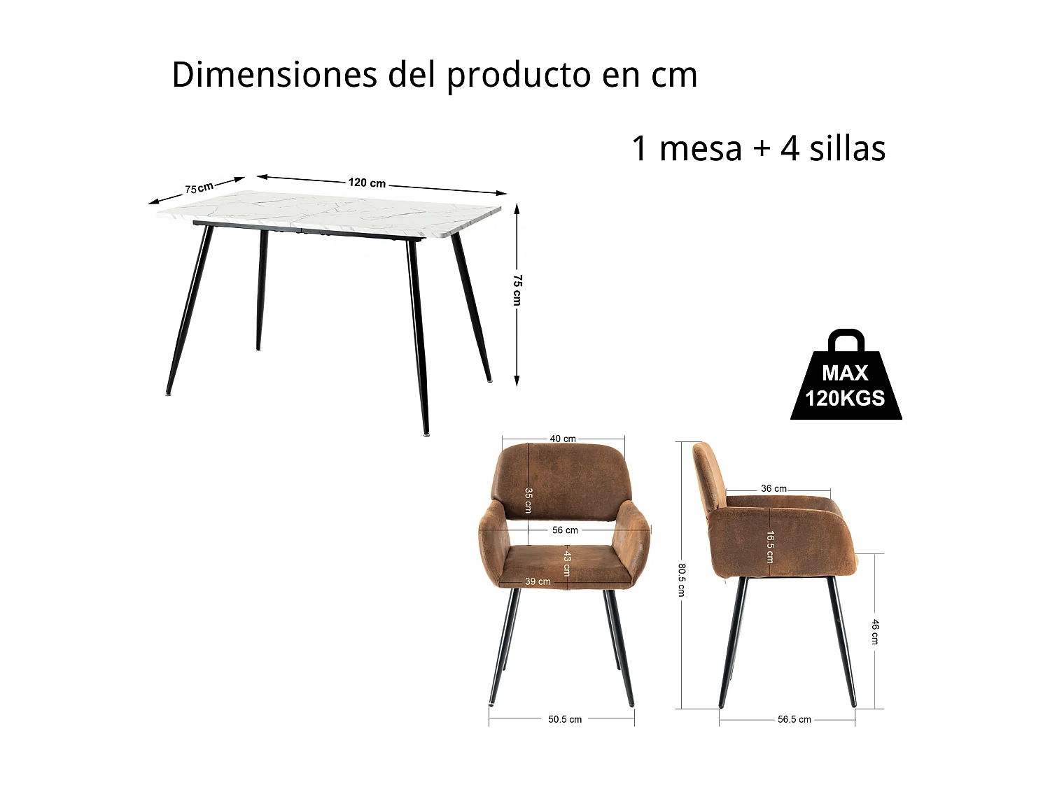 URBAN MEUBLE Ensemble table effet marbre blanc et 4 chaises suède brun