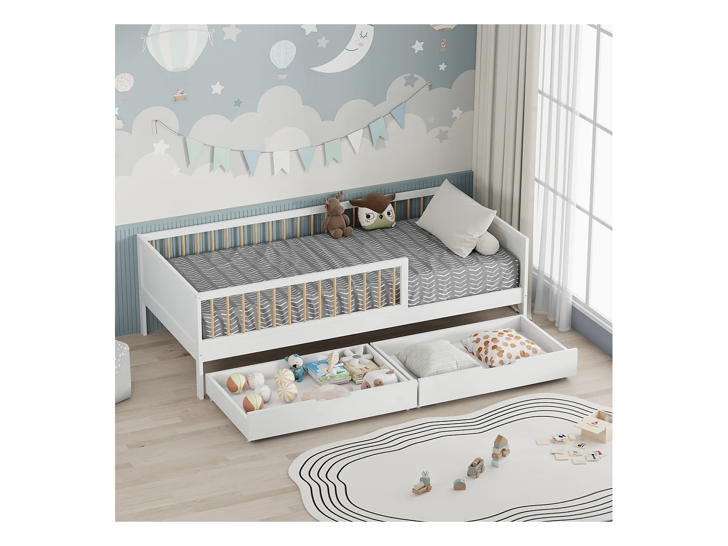 Lit pour enfant 190x90cm blanc avec tiroirs ADAM - HAPPY GARDEN