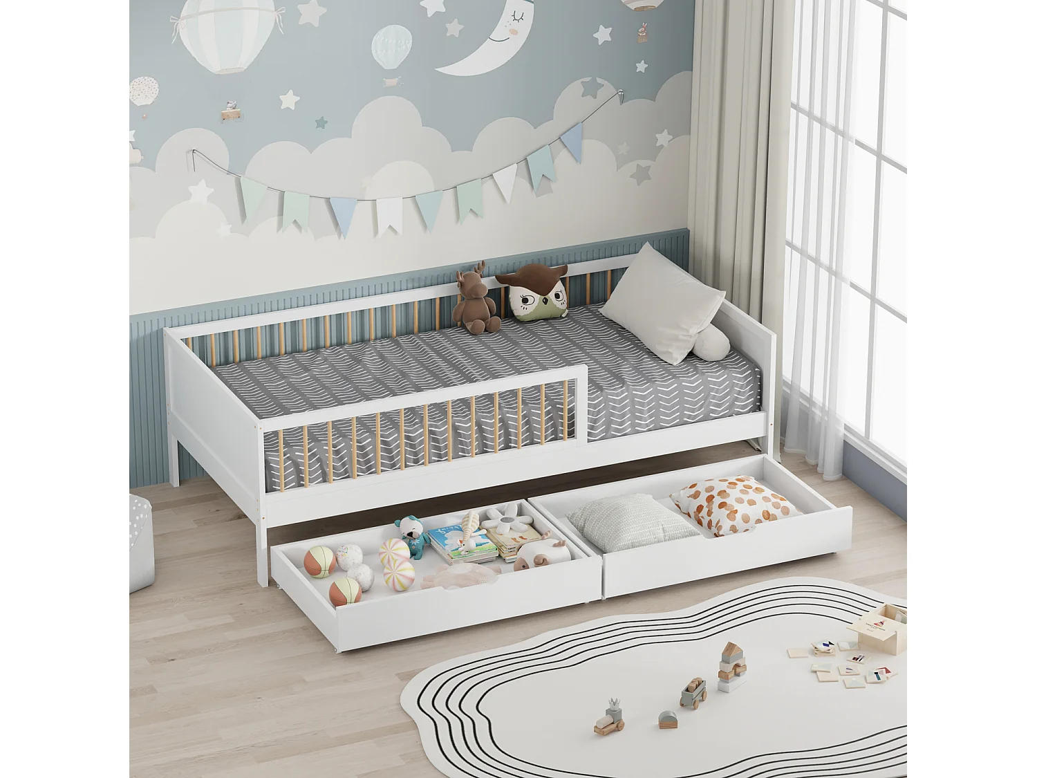 Lit pour enfant 190x90cm blanc avec tiroirs ADAM - HAPPY GARDEN