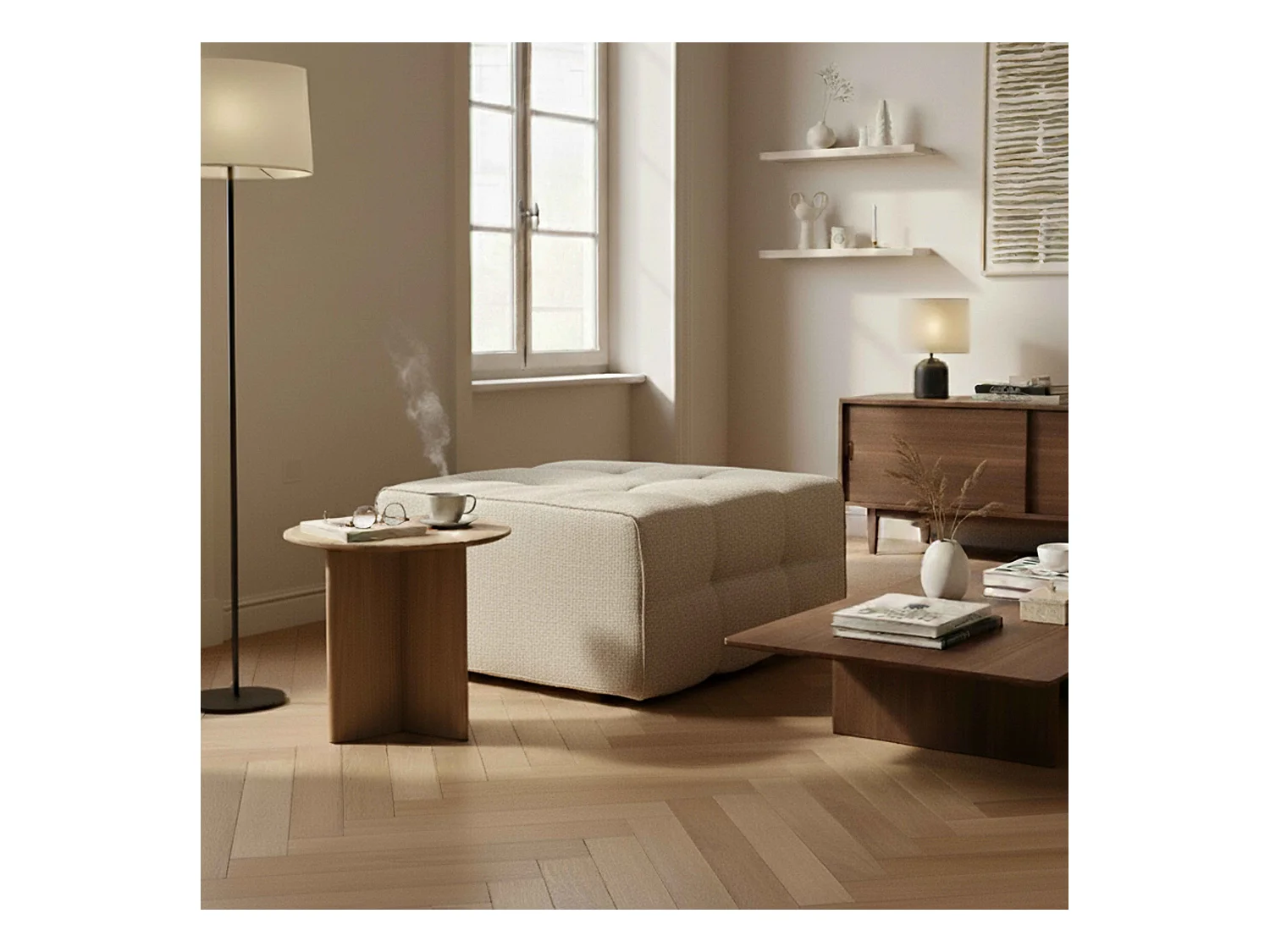 Pouf intérieur en tissu écru