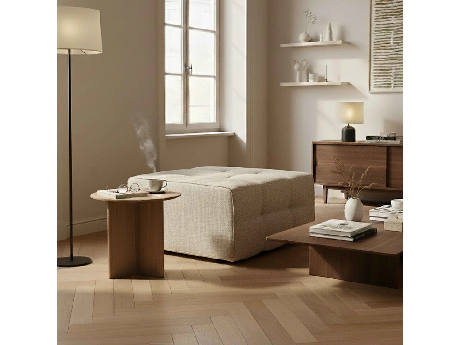 Pouf intérieur en tissu écru