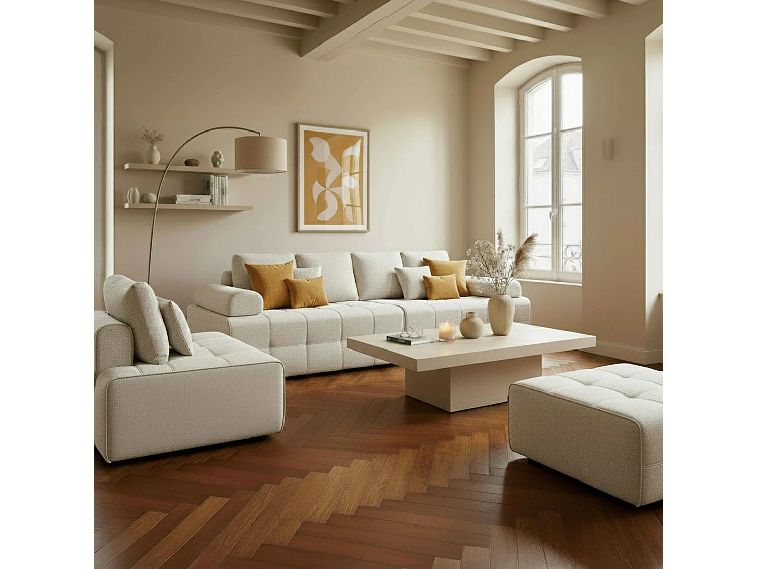 Pouf intérieur en tissu écru