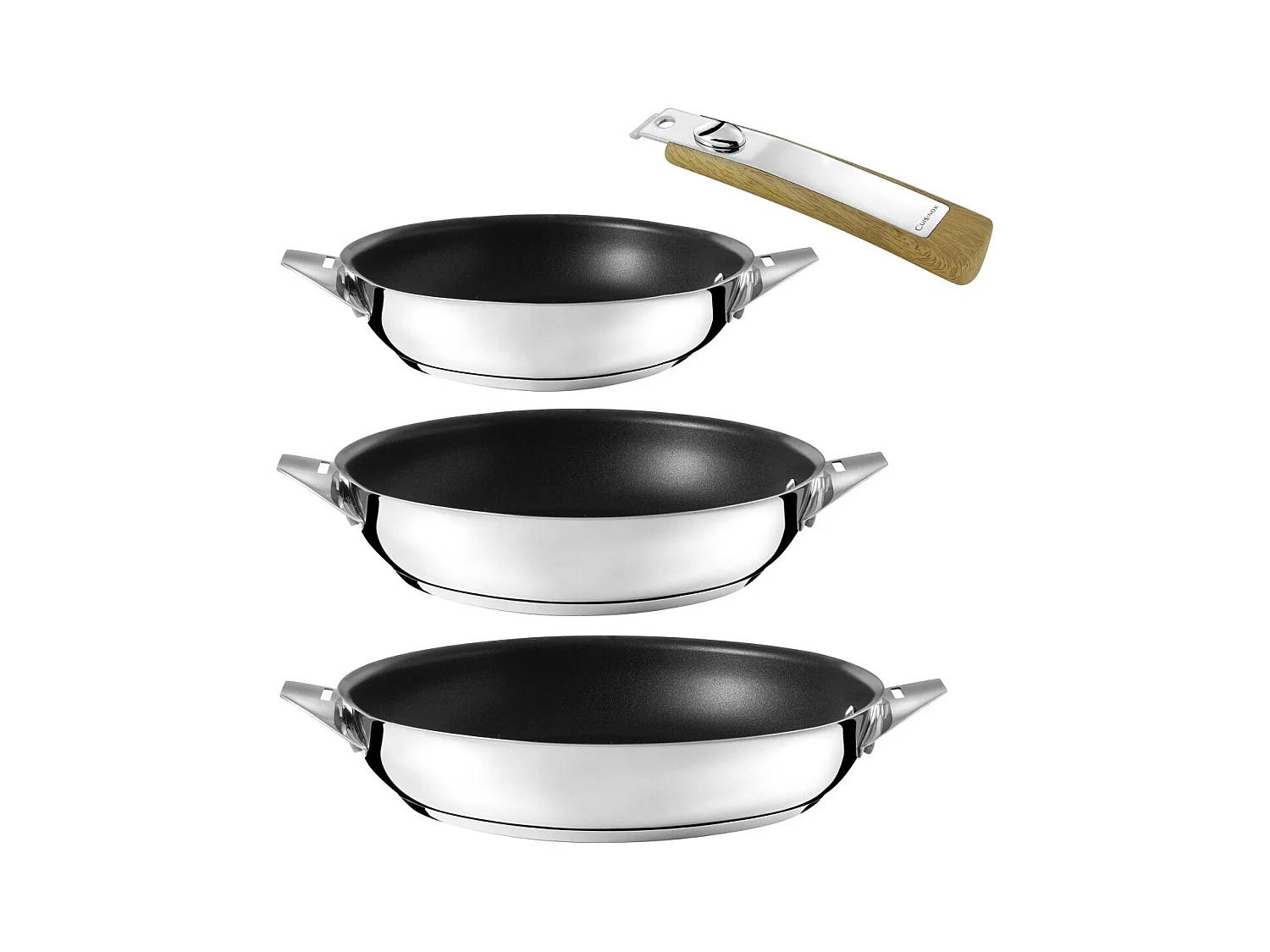 Eclipse - Lot de 3 poêles 20-24-28 cm avec revêtement céramique et poignée amovible bois clair