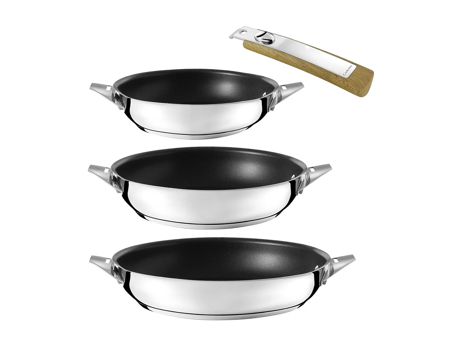 Eclipse - Lot de 3 poêles 20-24-28 cm avec revêtement céramique et poignée amovible bois clair