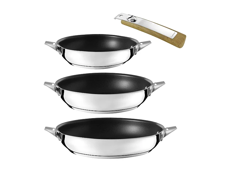 Eclipse - Lot de 3 poêles 20-24-28 cm avec revêtement céramique et poignée amovible bois clair