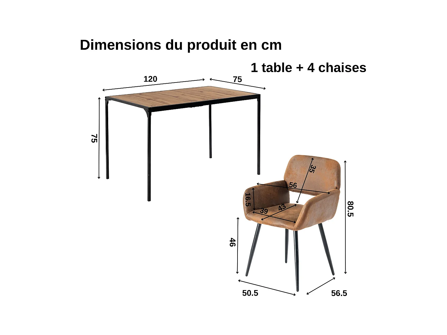 URBAN MEUBLE Ensemble de table et 4 chaises de salle à manger style industriel et effet bois
