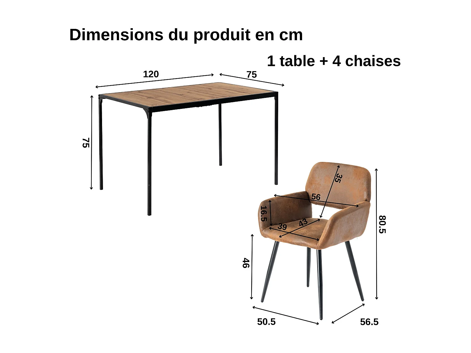 URBAN MEUBLE Ensemble de table et 4 chaises de salle à manger style industriel et effet bois