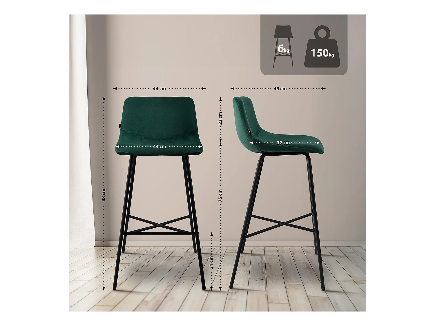 Tabouret de bar - Velours - Vert - Altona
