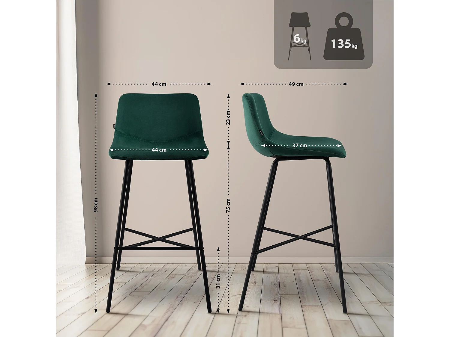 Tabouret de bar - Velours - Vert - Altona