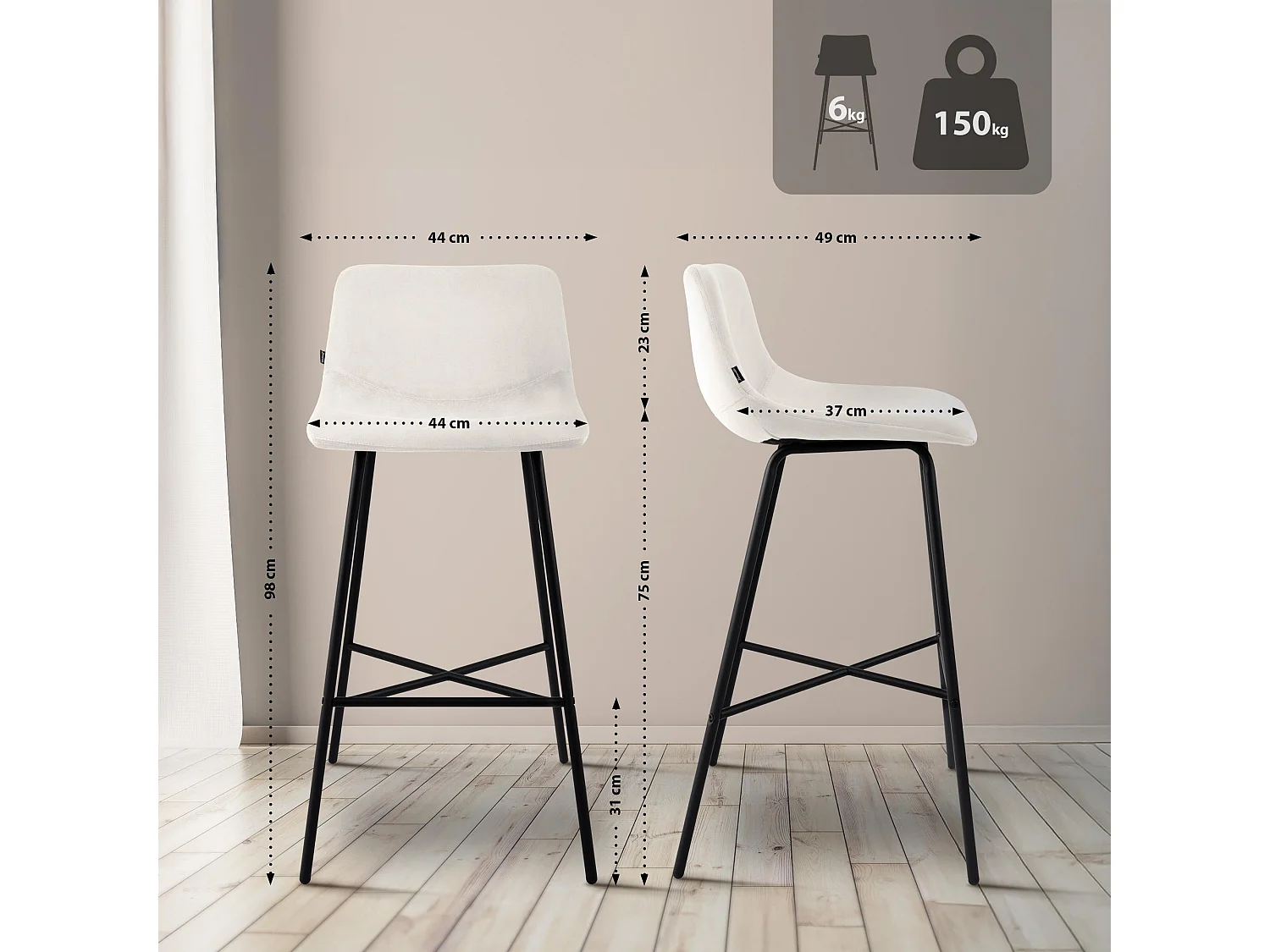 Tabouret de bar - Velours - Crème - Altona