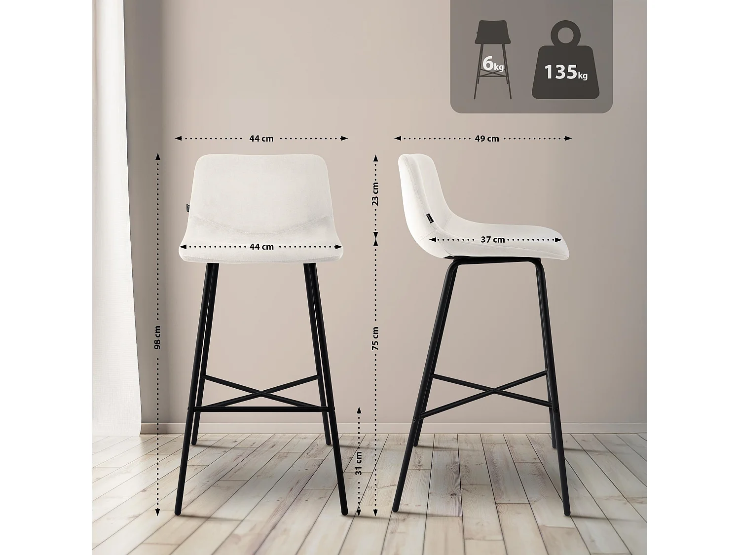 Tabouret de bar - Velours - Crème - Altona