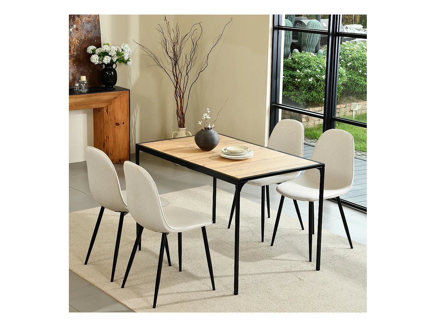 URBAN MEUBLE Ensemble table à manger bois foncé et 4 chaises beige