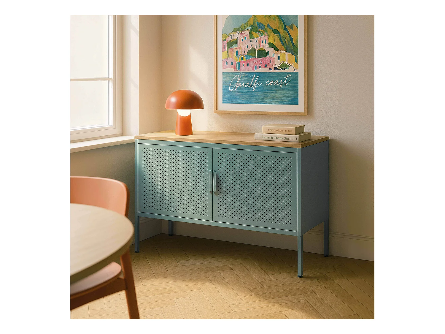 Buffet moderne 2 portes L100 cm en métal vert sauge