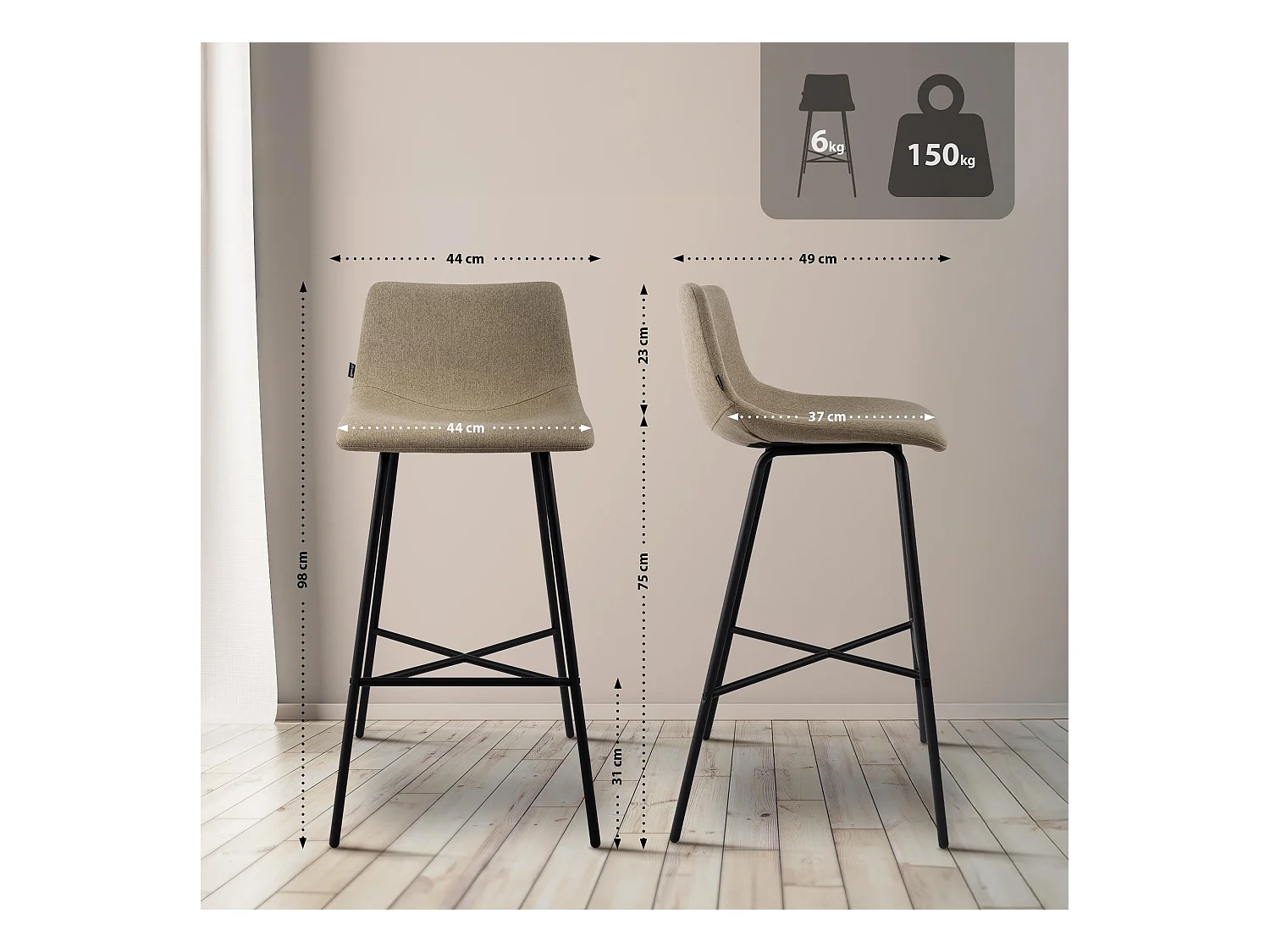 Tabouret de bar - Tissu - Taupe - Altona