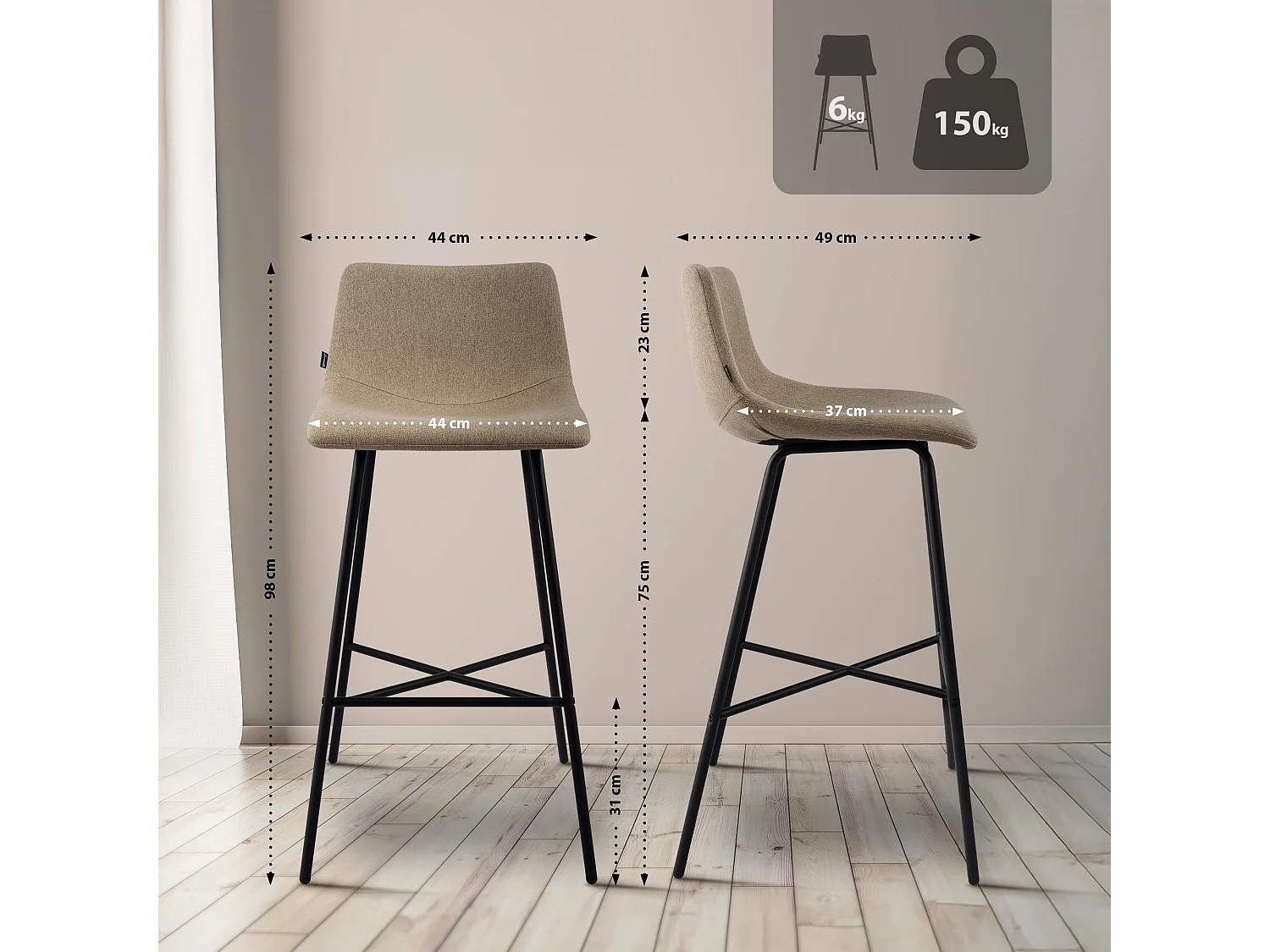 Tabouret de bar - Tissu - Taupe - Altona